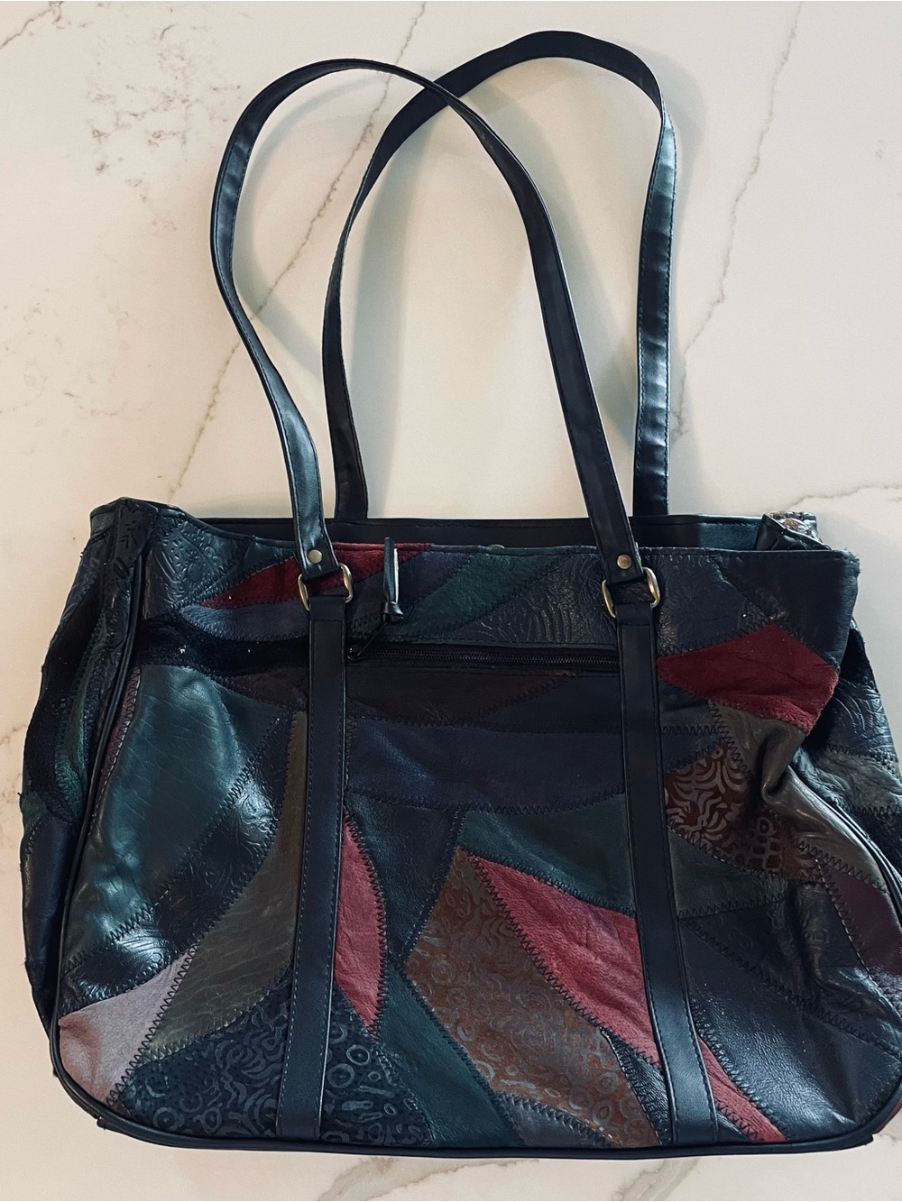 Patchwork Leather Tote Bag in Black, Teal & Burgundy
